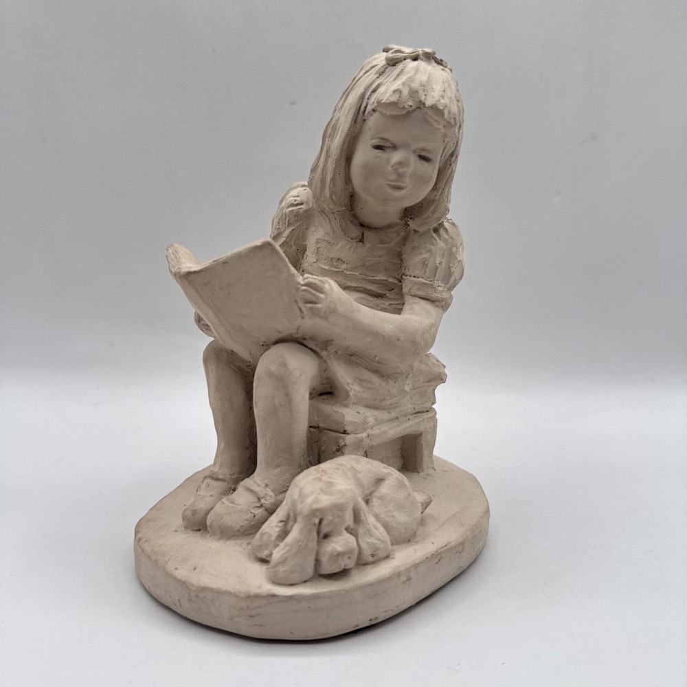 VTG 1973 Dee Crowley Austin‎ Productions Bright Eyes Sculpture Girl w/ Book Dog
